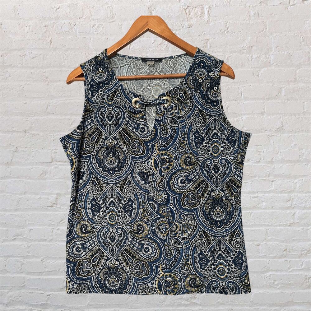 Tommy Hilfiger Women's Blue Multi Paisley Sleeveless Blouse Spilt V Neck Top L‎